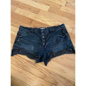Free People Black Distressed Denim Button-Fly frayed hem Shorts W30
